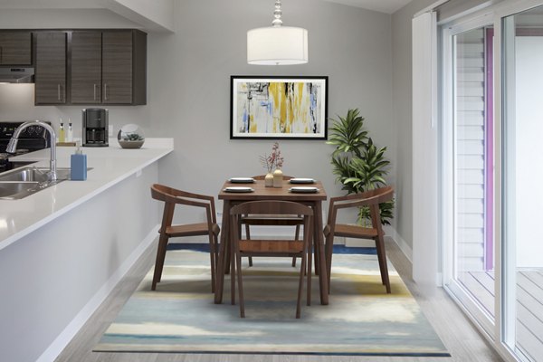 Dining area featuring modern decor and large windows in Crescent Park Apartments