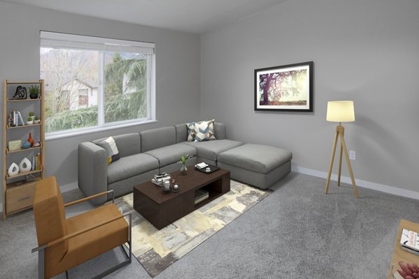 Spacious living room with modern dÃ©cor at Crescent Park Apartments