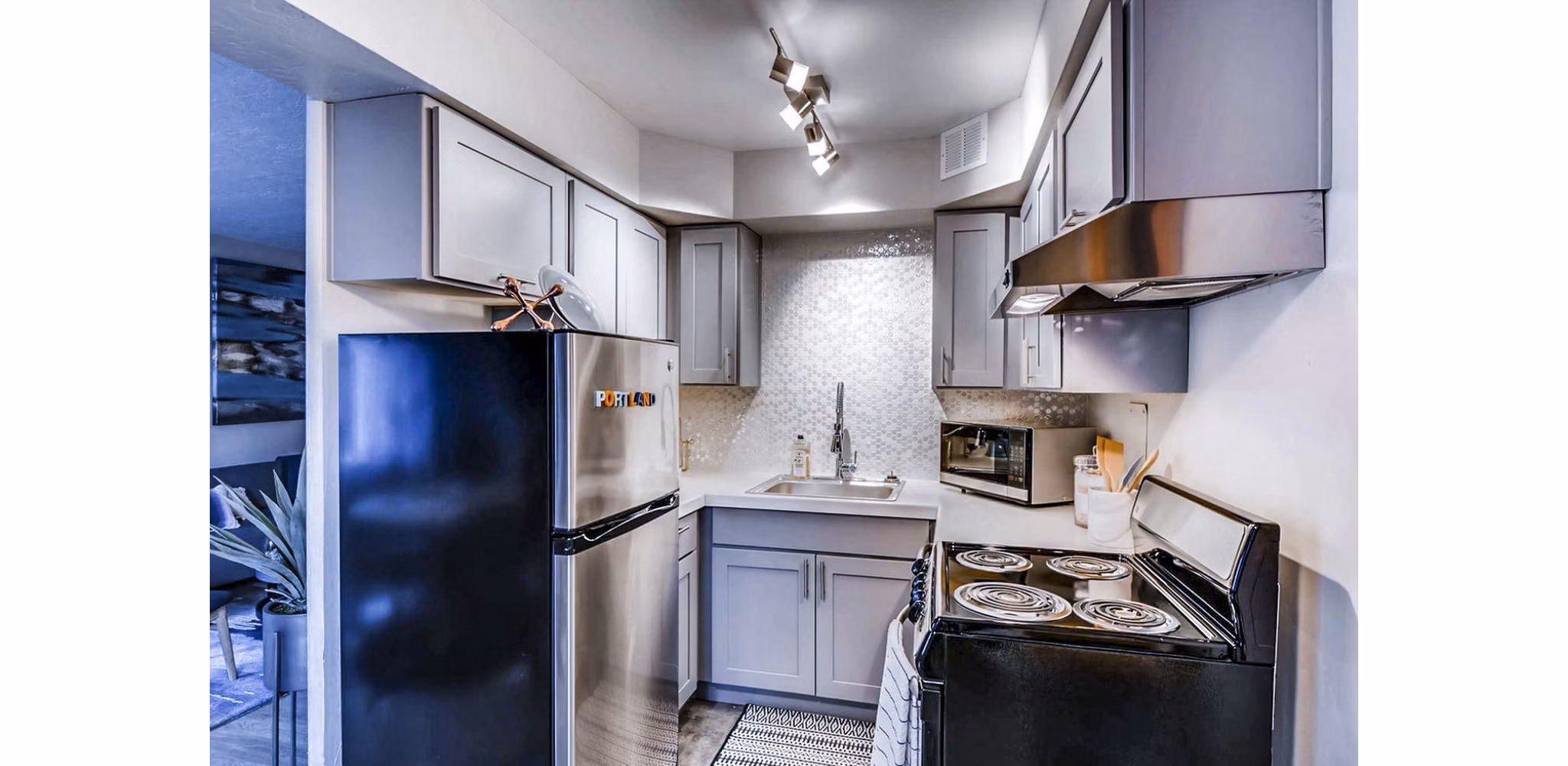 Modern kitchen with stainless steel appliances and island in Park Plaza Apartments luxury living