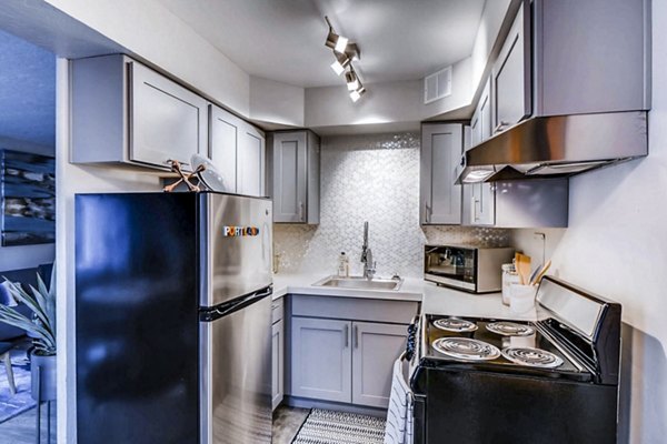Modern kitchen with stainless steel appliances and island in Park Plaza Apartments luxury living