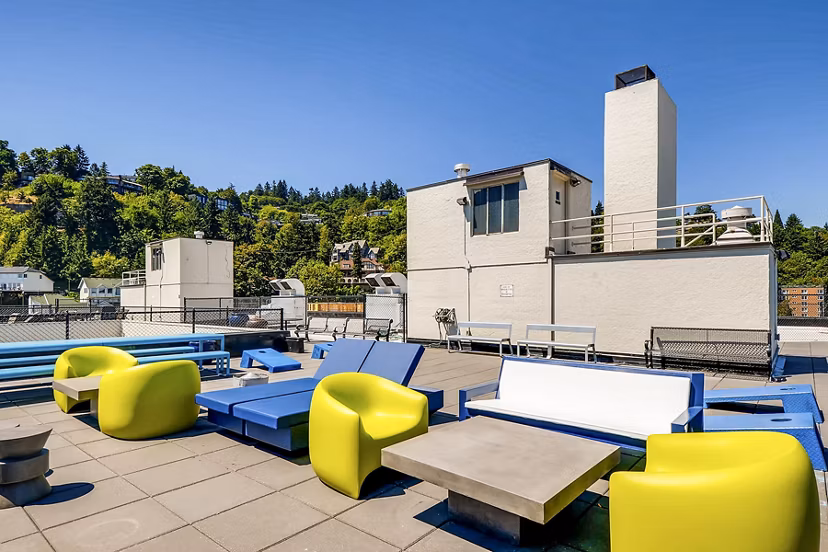 Expansive balcony with city views at Park Plaza Apartments