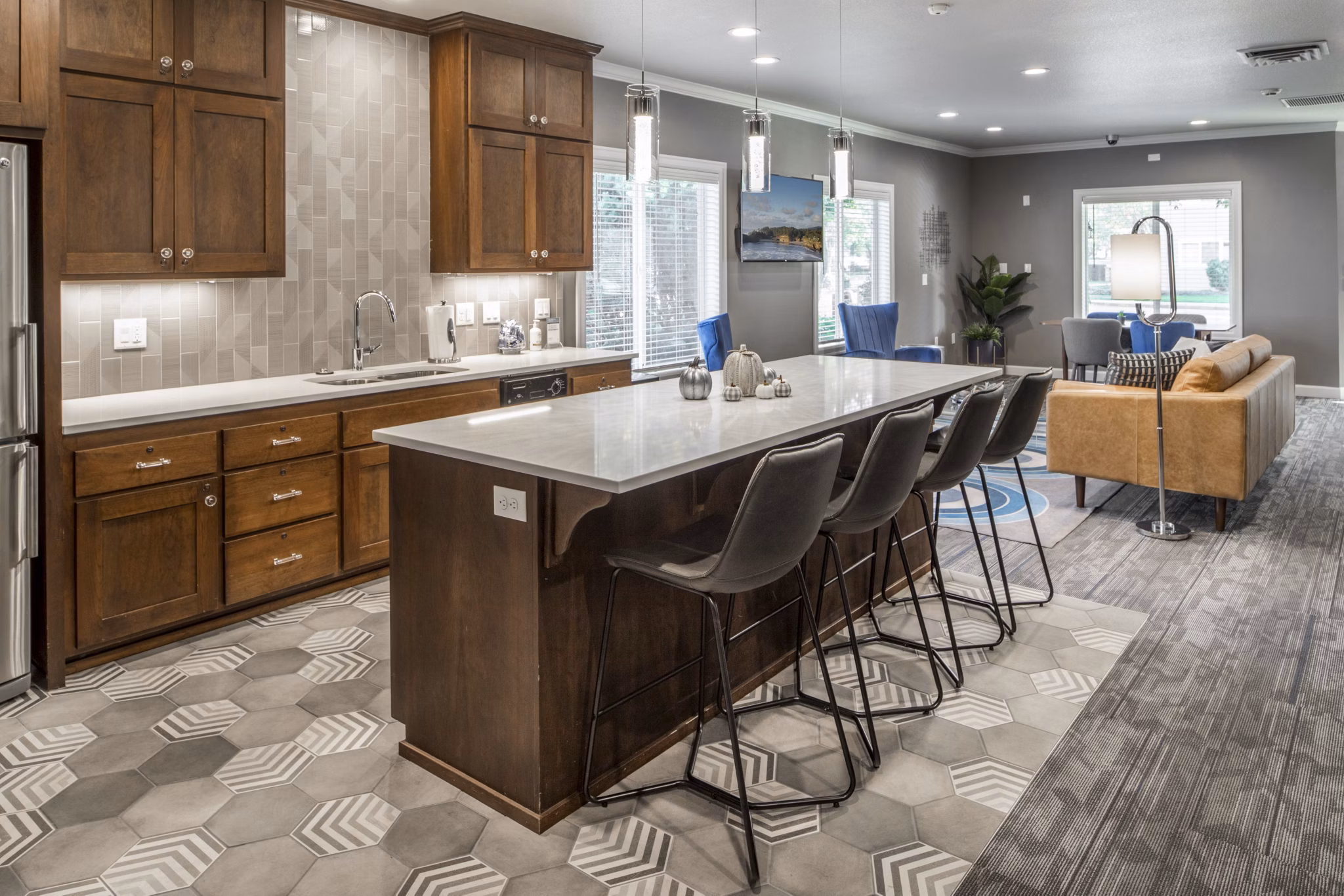 Luxurious clubhouse with modern design at Parkside Apartments, featuring elegant decor and ample space for gatherings