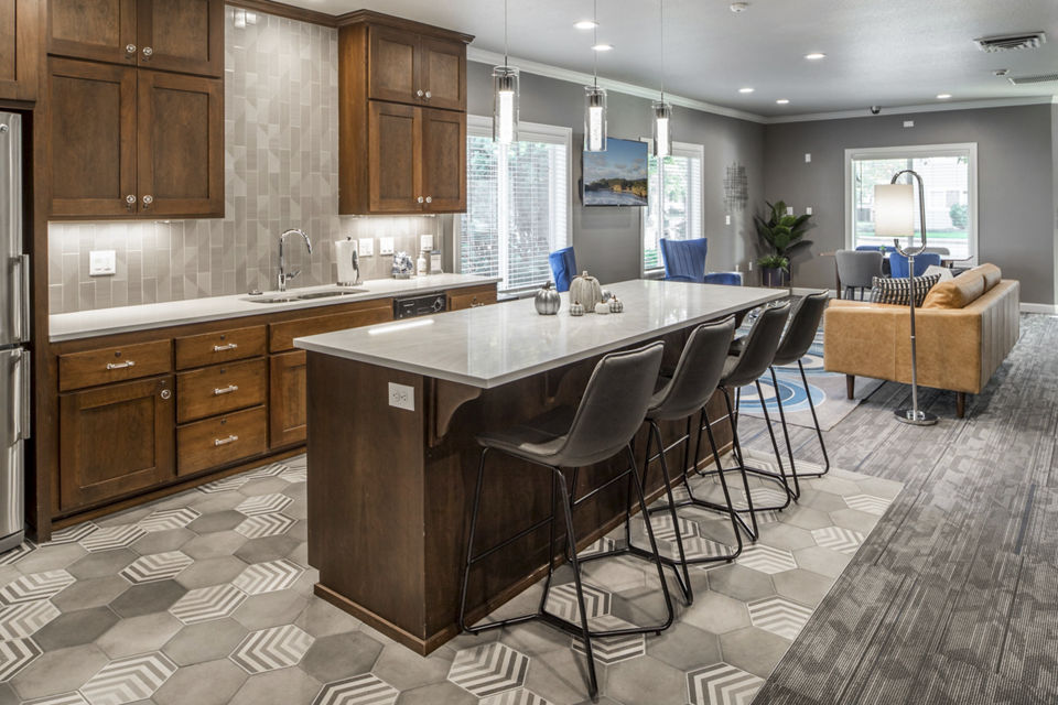 Luxurious clubhouse with modern design at Parkside Apartments, featuring elegant decor and ample space for gatherings