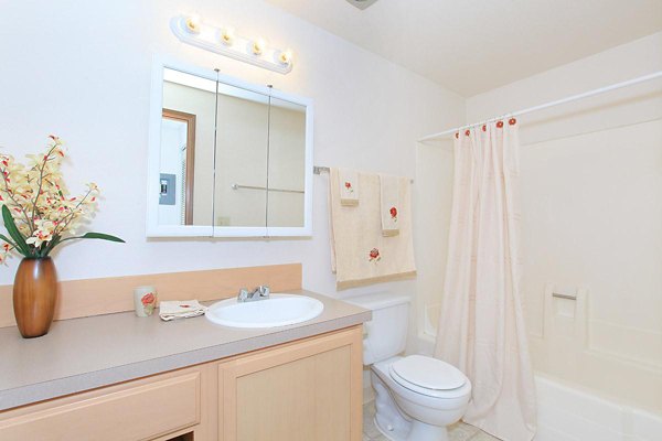 Modern bathroom with sleek fixtures at Redwood Park Apartments
