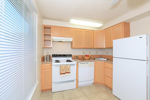 Modern kitchen with stainless steel appliances at Redwood Park Apartments