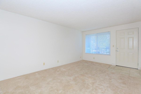 Spacious living room with modern furnishings and large windows in Redwood Park Apartments