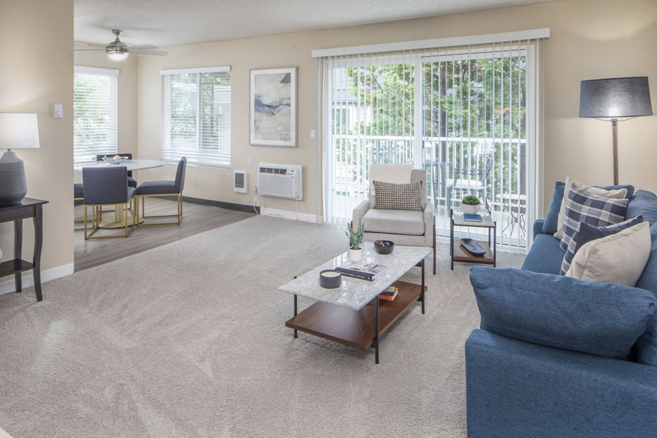 Spacious living room with modern furniture and natural light in Summerfield Apartments, a luxury Greystar property