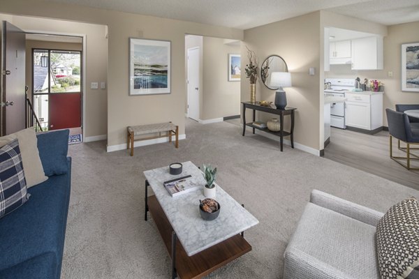 Living room with chic furniture and natural light at Summerfield Apartments