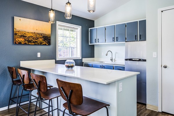 Clubhouse kitchen with modern appliances and island seating at Village at Cascade Park Apartments