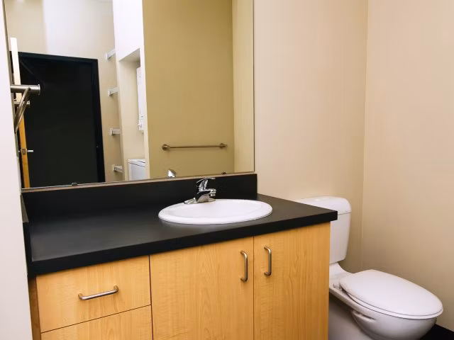 Modern bathroom with sleek finishes at Museum Place Apartments