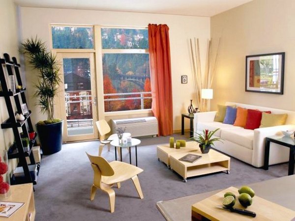 Modern living room with elegant decor at Museum Place Apartments, featuring spacious layout and natural light