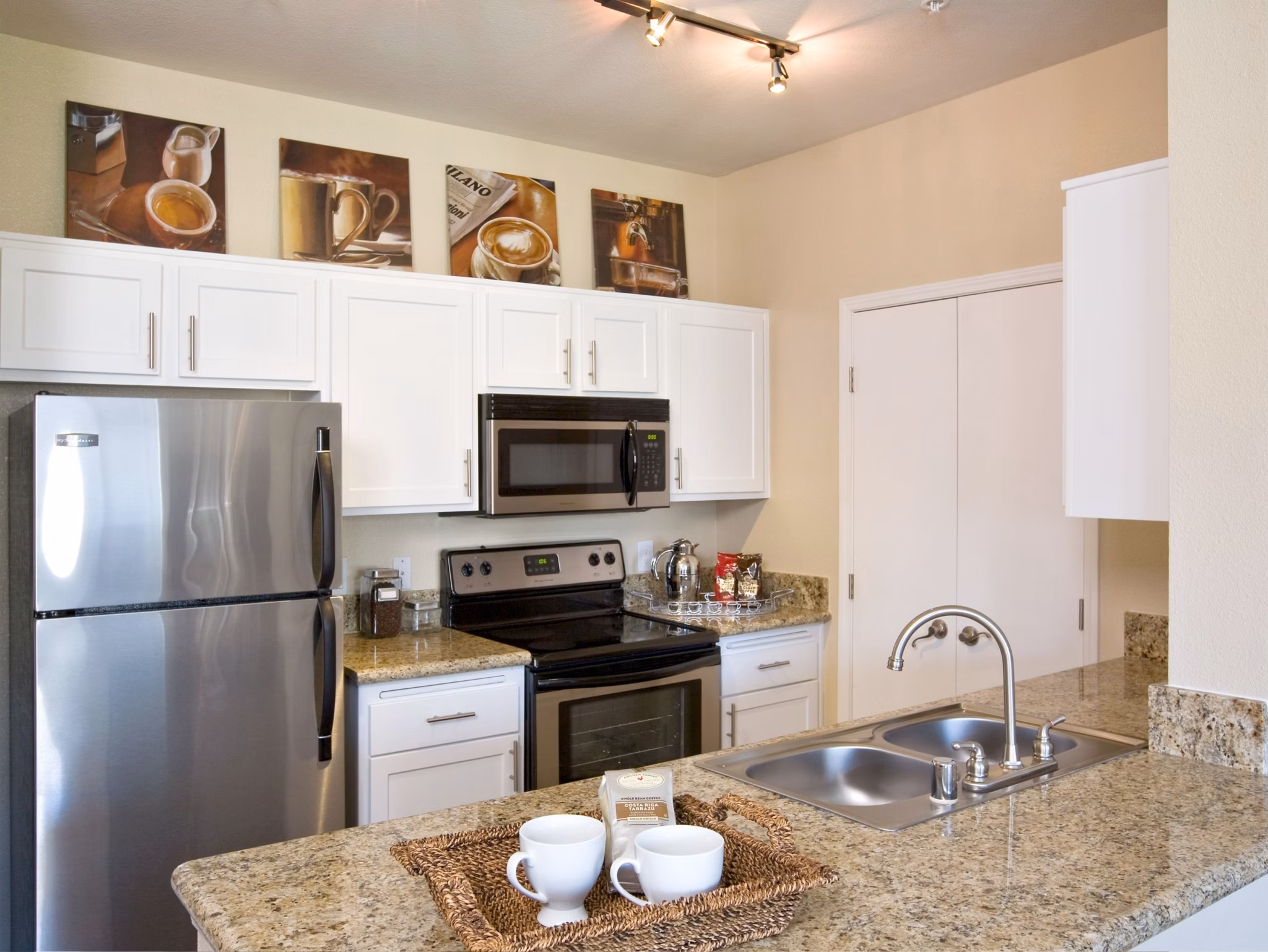 Modern kitchen with stainless steel appliances in Castlerock Apartments