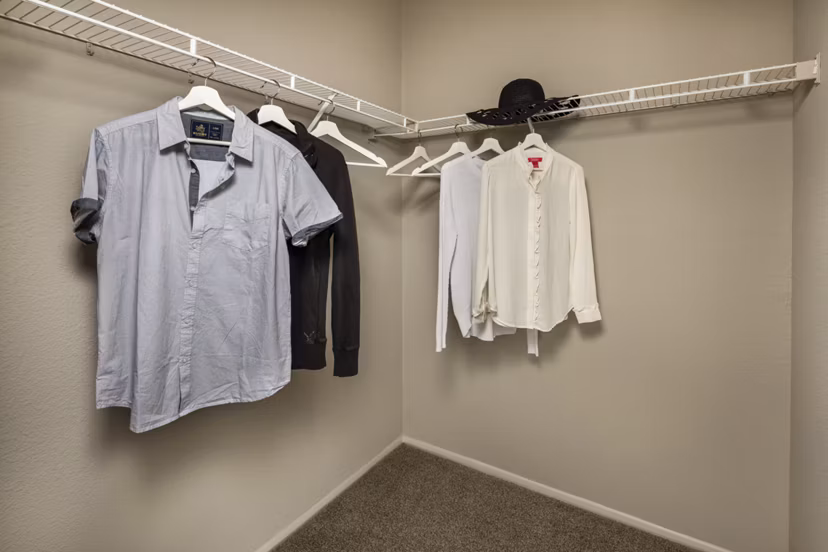 Walk-in closet with ample shelving in Colonnade Apartments, a Greystar luxury community