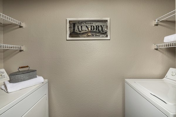 Laundry room with advanced appliances at Colonnade Apartments, a Greystar luxury community in a convenient urban location