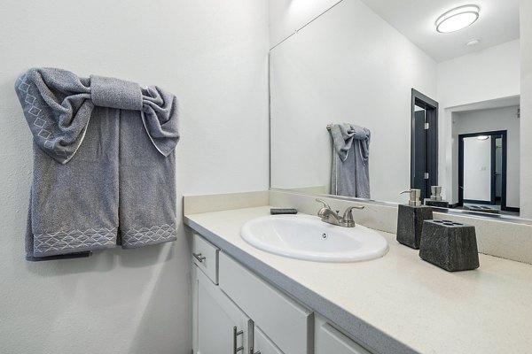Bathroom featuring modern fixtures and marble countertops at Enclave Apartments, a luxury property by Greystar