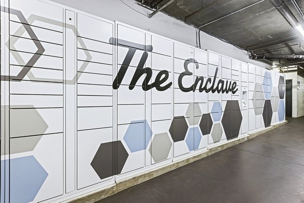 Parcel pickup lockers for residents at Enclave Apartments, a Greystar community
