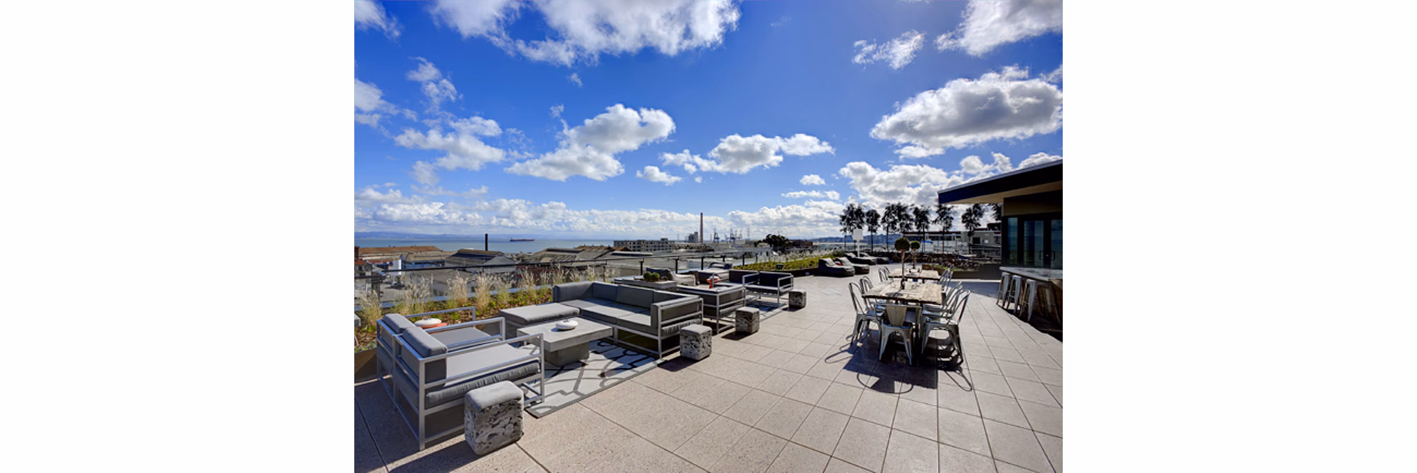 Patio with modern seating at Potrero Launch Apartments offering luxury outdoor space
