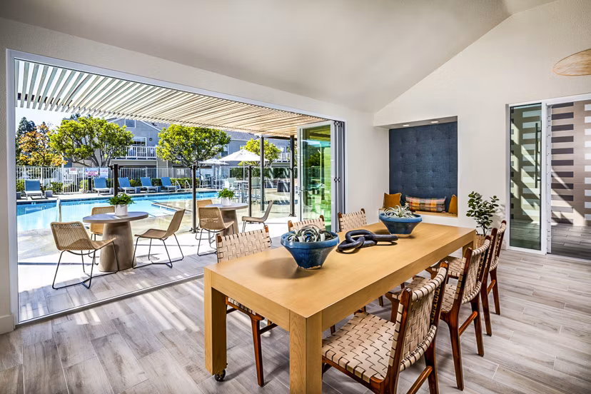 Clubhouse and patio with pool at Channel Point Apartments