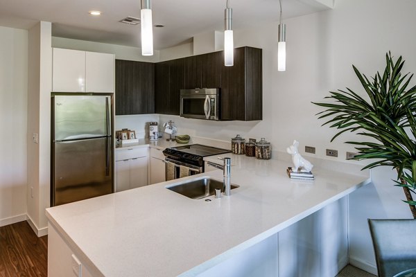 Modern kitchen with stainless steel appliances and granite countertops at The Dudley Apartments