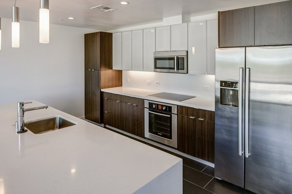 Modern kitchen with stainless steel appliances at The Dudley Apartments