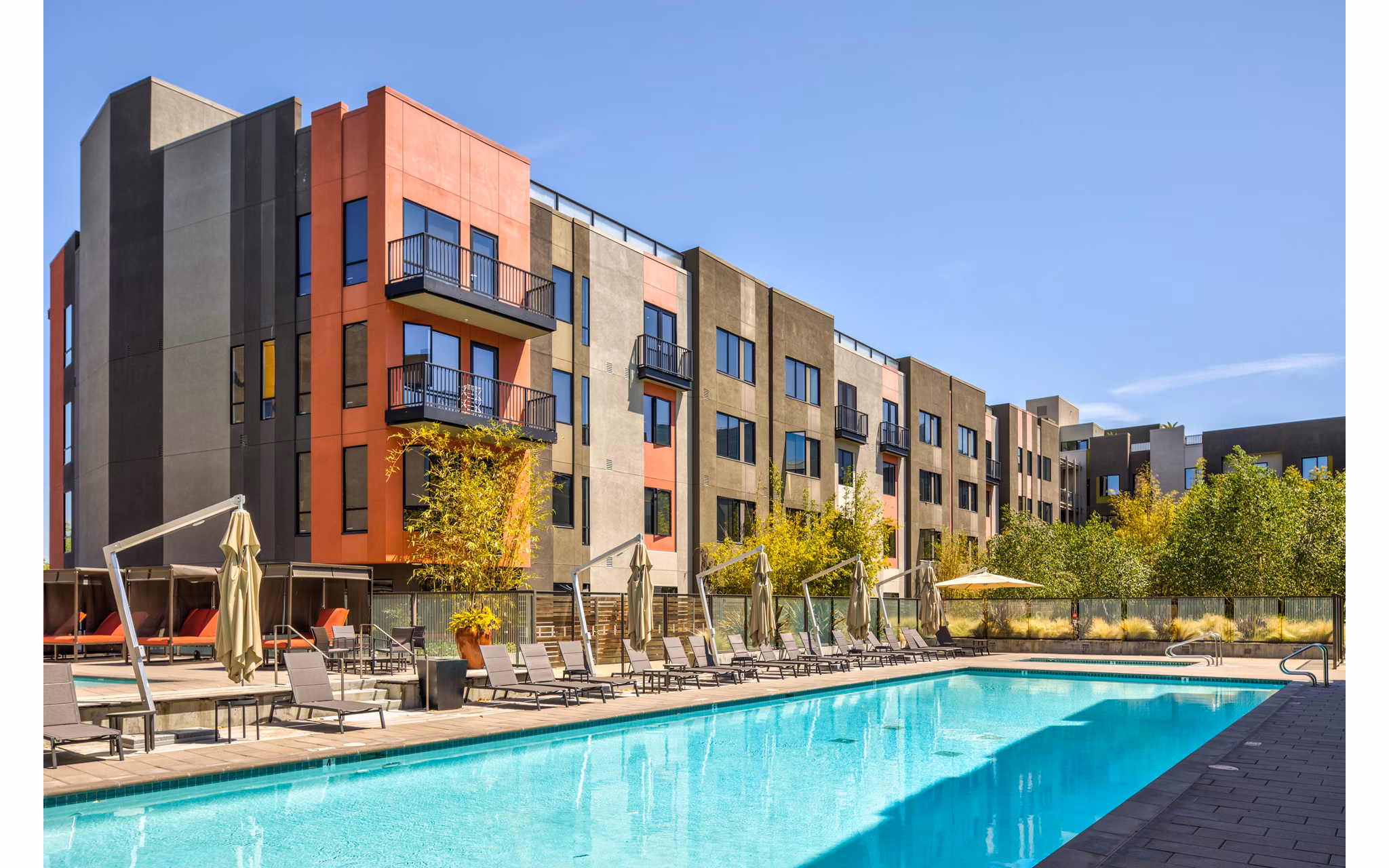 The Dudley Apartments: Resort-style pool with loungers and palm trees, ideal for relaxation and recreation in a luxury setting