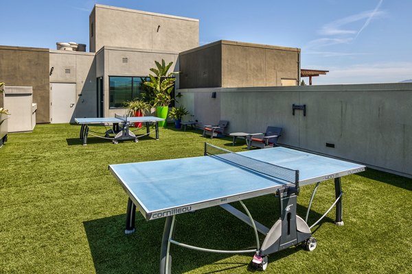 Patio recreational area with modern seating and greenery at The Dudley Apartments