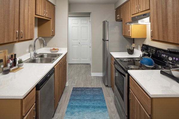 Modern kitchen featuring stainless steel appliances at Creekside Apartments