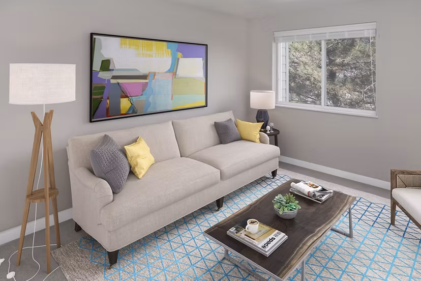 Spacious living room with modern decor at Creekside Apartments luxury rentals