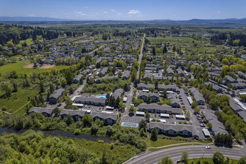 Creekside Apartments: Scenic view of luxury apartments surrounded by lush greenery