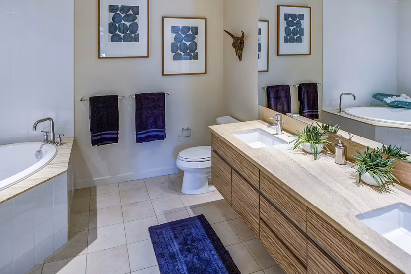 Modern bathroom with sleek fixtures at Levare Apartments, a Greystar community in downtown Portland, offering luxury living