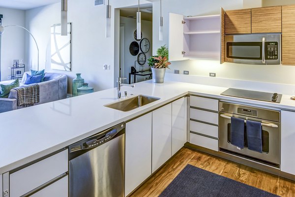 Modern kitchen with stainless steel appliances at Levare Apartments, luxury living in style
