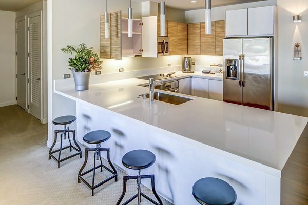 Kitchens with stainless steel appliances and granite countertops in Levare Apartments