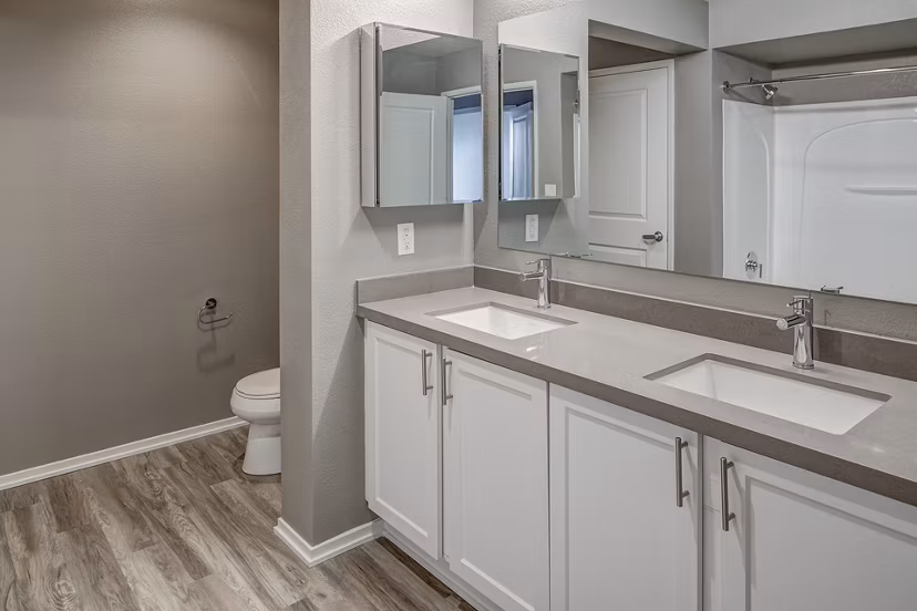 Modern bathroom with sleek fixtures and ample space at Santana Row Apartments in a luxury setting
