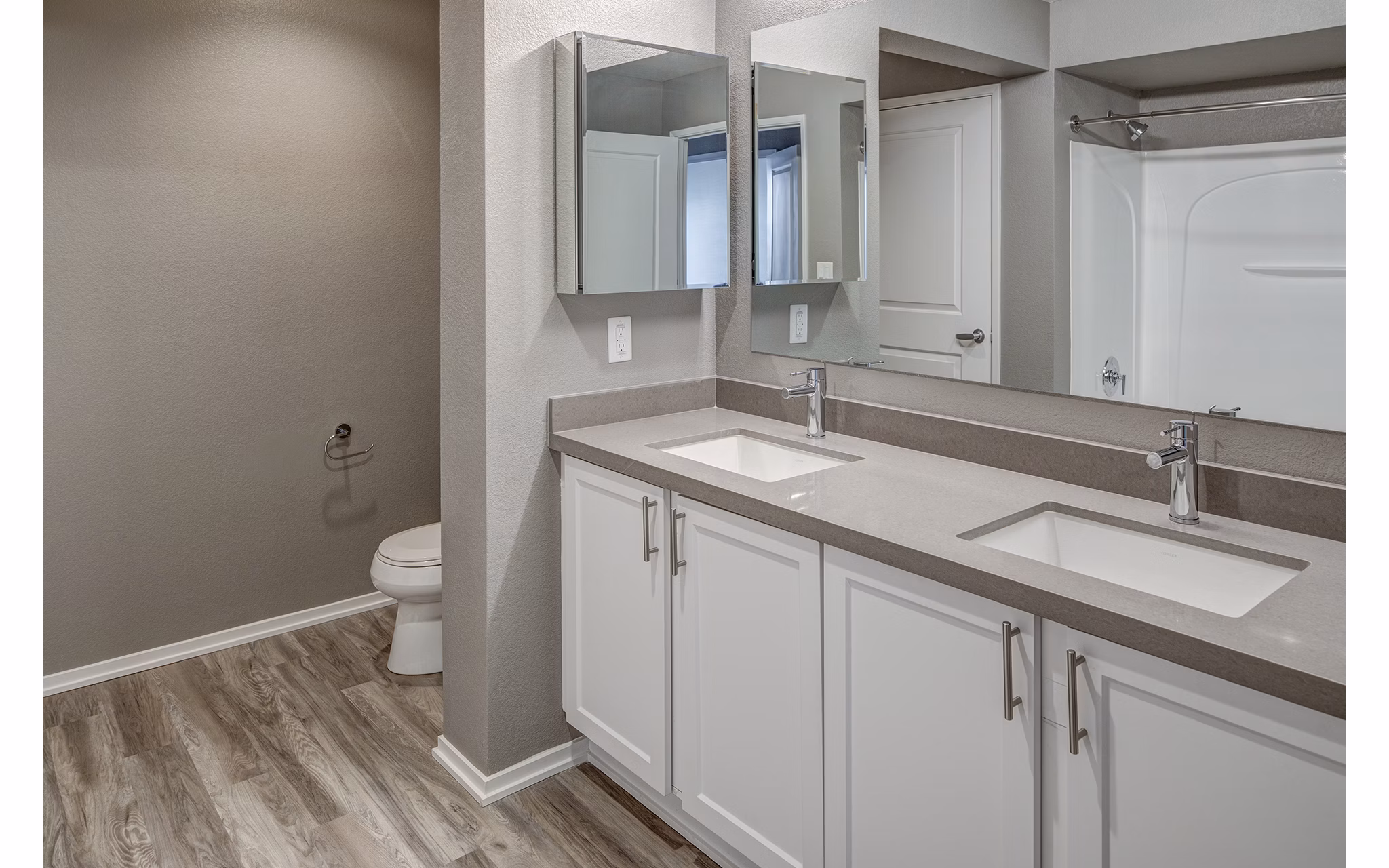 Modern bathroom with sleek fixtures and ample space at Santana Row Apartments in a luxury setting