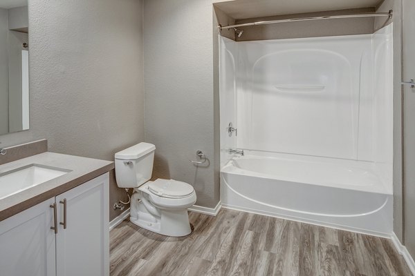 Luxurious bathroom with modern fixtures at Santana Row Apartments in Silicon Valley