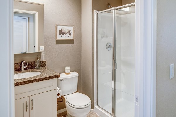 Modern bathroom with sleek fixtures at Santana Row Apartments in San Jose, offering luxury living in a premier neighborhood
