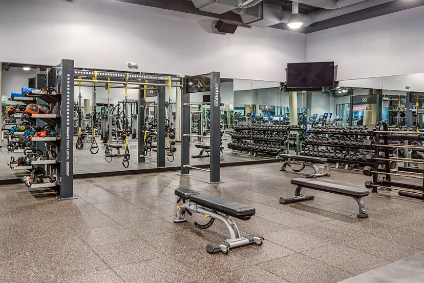 Fitness center with modern equipment at Santana Row Apartments in luxury setting