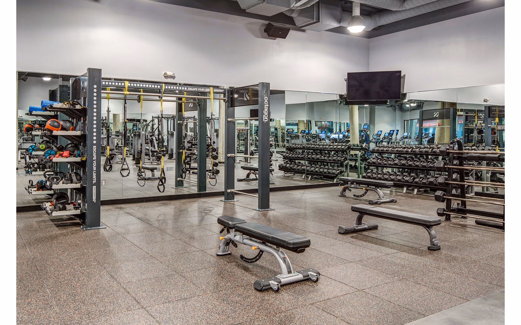 Fitness center with modern equipment at Santana Row Apartments in luxury setting