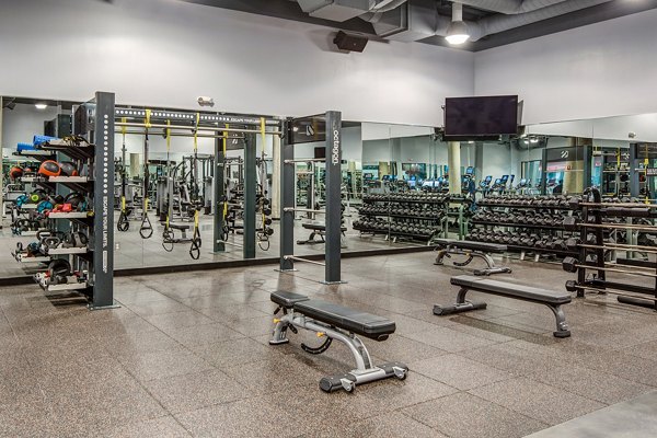 Fitness center with modern equipment at Santana Row Apartments in luxury setting