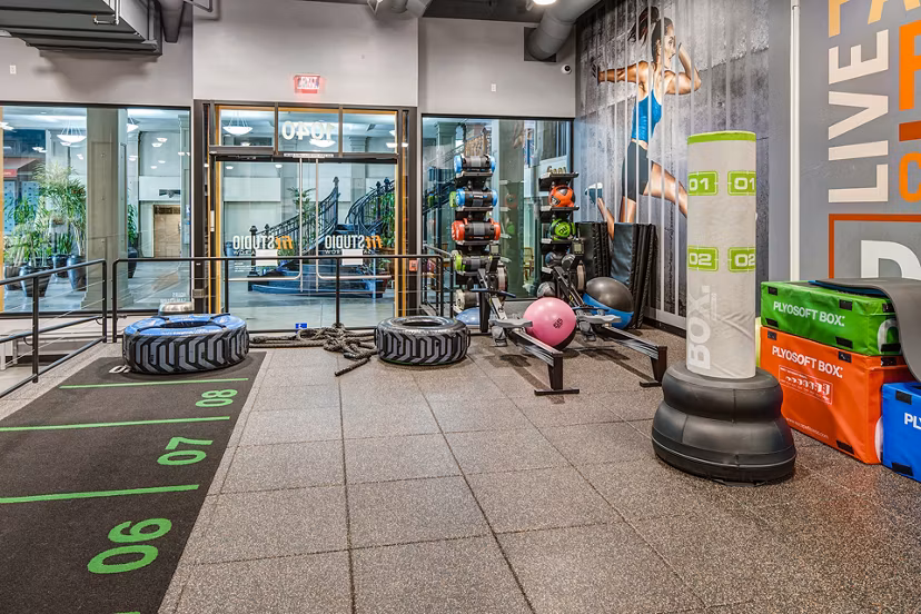 Fitness center with modern equipment in Santana Row Apartments, offering residents a state-of-the-art workout space