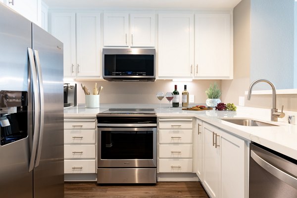Sleek kitchen with stainless steel appliances at Santana Row Apartments, offering luxury living in a vibrant community