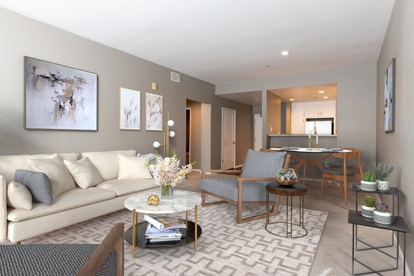 Spacious living room with contemporary design at Santana Row Apartments