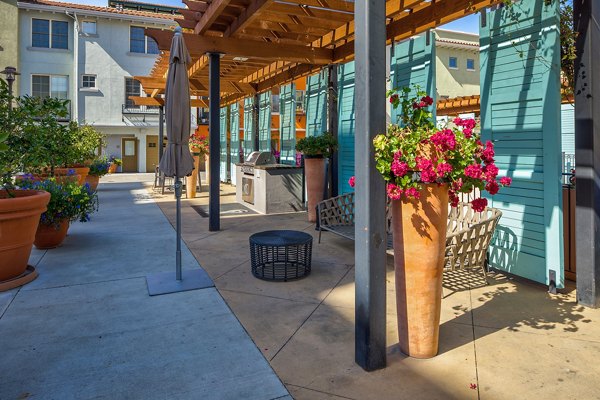Santana Row Apartments: Scenic courtyard with lush greenery and seating areas in a luxury community in San Jose