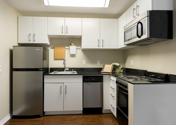 Modern kitchen with stainless steel appliances at Wilshire Vermont Station Apartments