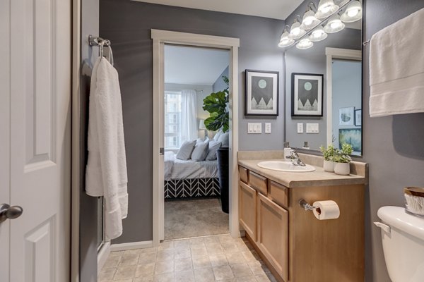 Luxurious bathroom with marble finishes in Apex Apartments