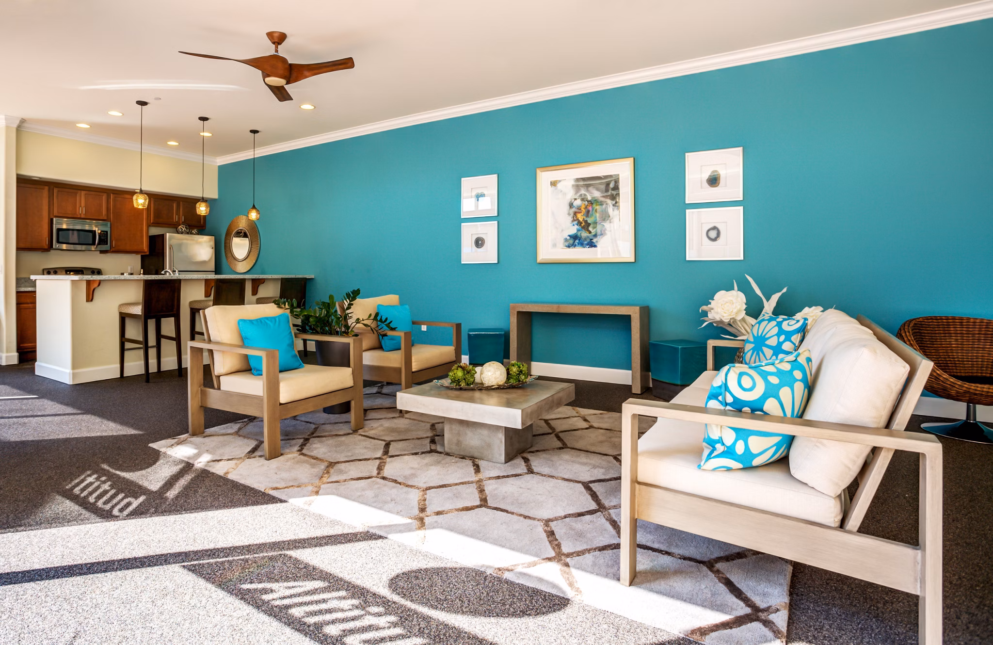 Clubhouse featuring modern design and ample seating at Apex Apartments
