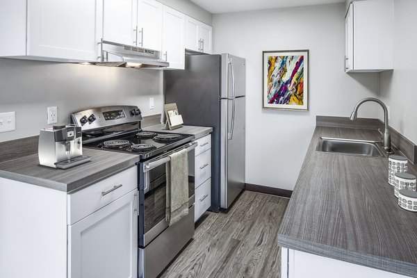 Kitchenn featuring modern appliances and granite countertops in Parkridge Apartments