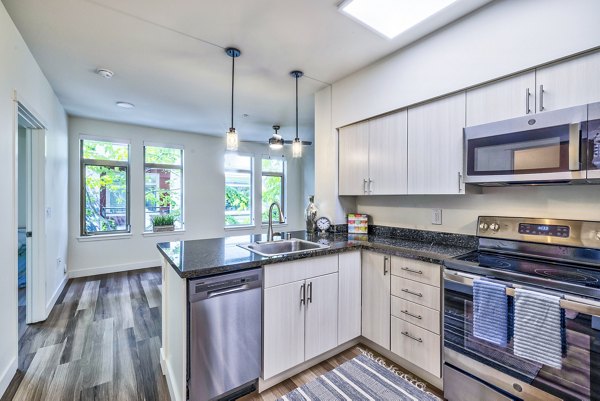Kitchens with sleek countertops and stainless steel appliances at The Bristol at Southport Apartments