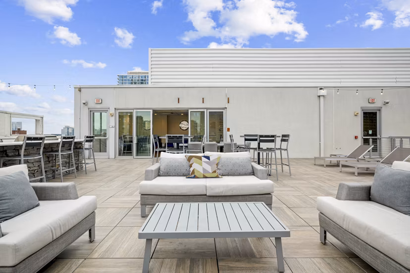 Scenic rooftop deck with city views at AQ Rittenhouse Apartments