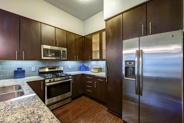 Accent Apartments: Modern kitchen with stainless steel appliances and sleek countertops